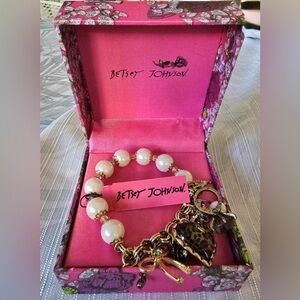 Betsey Johnson Gold and Pearl Bracelet with Leopard Charm